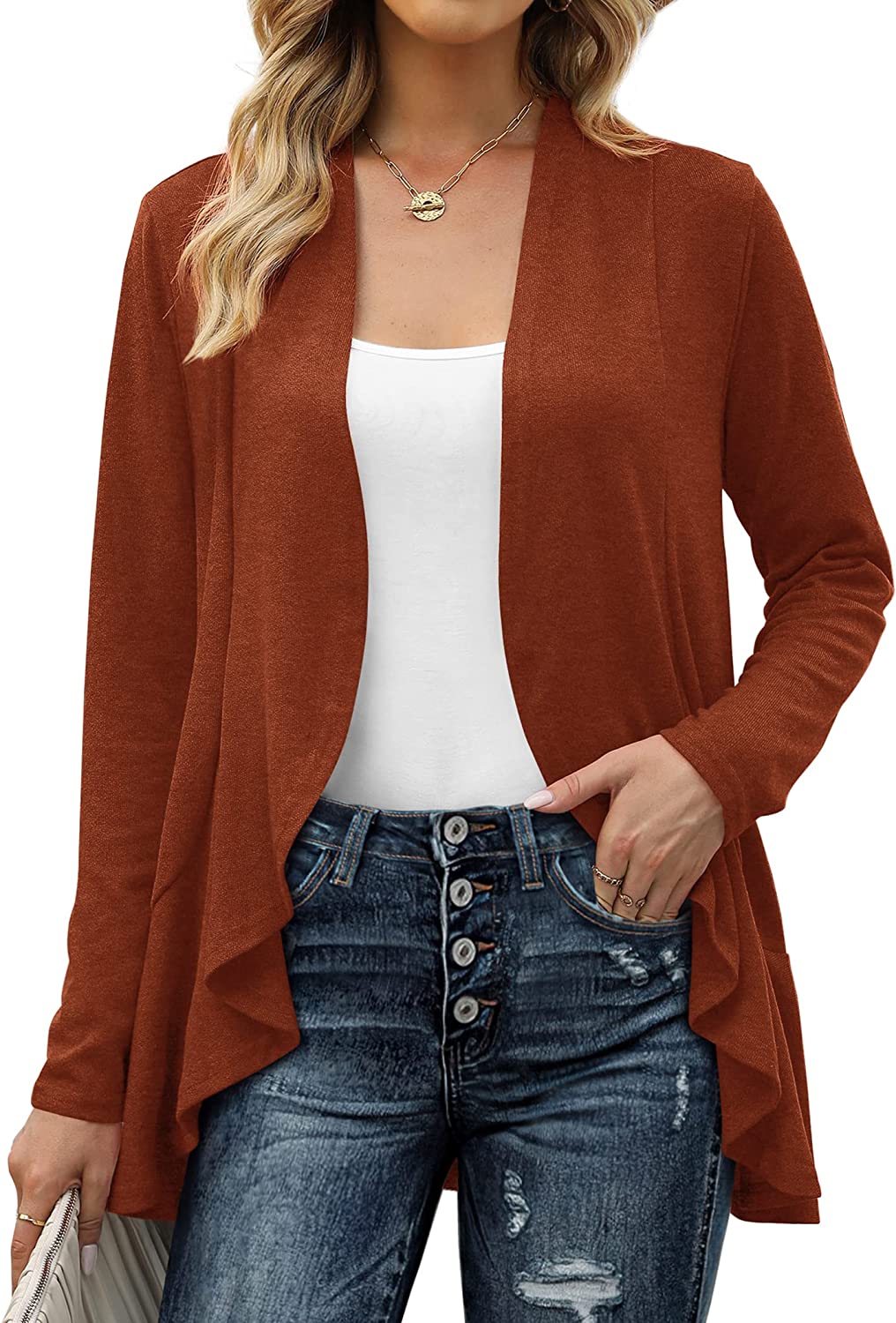 Geifa Cardigan for Women Lightweight Ruffle Drape Open Front Cardigans Sweaters Long Sleeve - Image 5